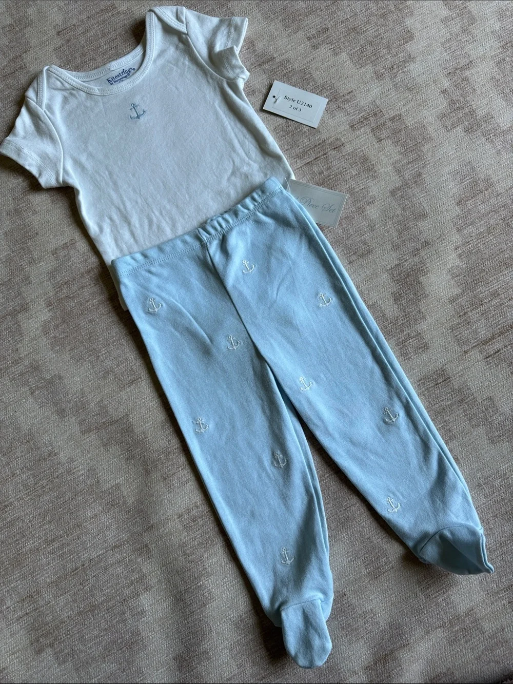 Kitestrings Layette White Baby Bodysuit and Light Blue Footie Set Anchor Design